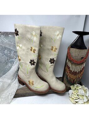 Floral Embroidered Beige Knee-High Western Boots With Stacked Heel & Rubber Sole